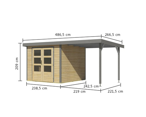 Abbildung mit Maßangaben eines Gartenhauses mit Anbau