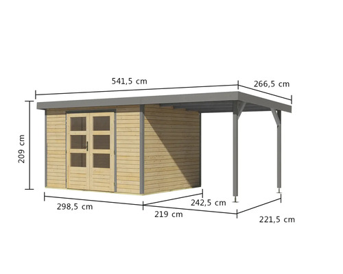 Abbildung eines Holzgartenhauses mit Carport und Maßangaben