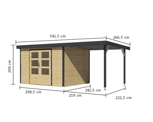 Abbildung eines Gartenhauses mit Anbaudach und Maßangaben