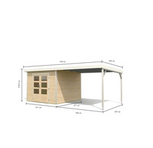 Abbildung eines Gartenhauses mit Carport und Maßangaben.