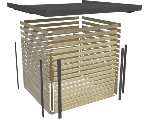 Explosionszeichnung eines Gerätehauses aus Holz mit Flachdach