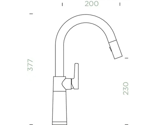 Technische Zeichnung einer Küchenarmatur mit Ausziehbrause und Maßangaben