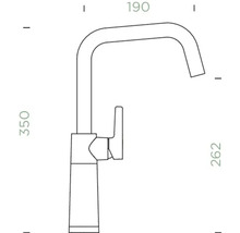 Technische Zeichnung einer Küchenarmatur mit den Maßen 350 mm Höhe und 190 mm Ausladung