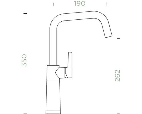 Technische Zeichnung einer Küchenarmatur mit den Maßen 350 mm Höhe und 190 mm Ausladung