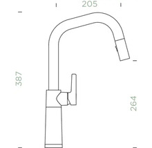 Technische Zeichnung einer Küchenarmatur mit den Maßen 205, 387 und 264.