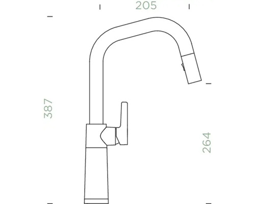 Technische Zeichnung einer Küchenarmatur mit Maßen