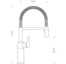 Zeichnung einer Küchenarmatur mit den Maßen 436, 196 und 209 Millimeter.