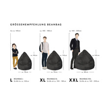 Größenempfehlung für Sitzsäcke: L, XL und XXL mit Größenangaben und Personen zur Veranschaulichung.