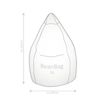 Abbildung eines XL Sitzsacks mit den Maßen circa 110 cm Höhe und 70 cm Durchmesser