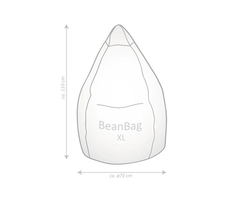 Abbildung eines XL Sitzsacks mit den Maßen circa 110 cm Höhe und 70 cm Durchmesser
