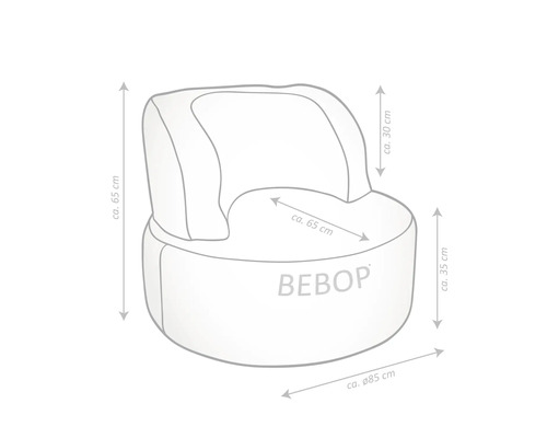 Bebop Sessel mit den Maßen circa 65 cm Höhe, circa 85 cm Durchmesser, circa 65 cm Breite und circa 30 cm Rückenlehnenhöhe