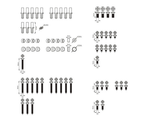 Technische Zeichnung von Schrauben, Dübeln und Unterlegscheiben mit Größenangaben