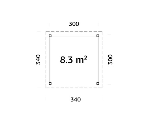 Grundriss mit Maßen 300 mal 340 Zentimeter und einer Fläche von 8,3 Quadratmetern