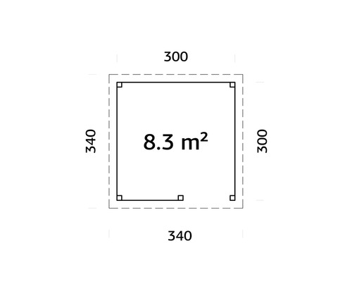 Grundriss mit Seitenlängen 340 und 300 und einer Fläche von 8,3 Quadratmetern