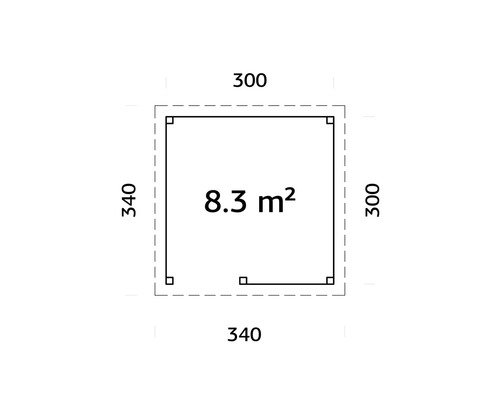 Grundriss mit den Maßen 300 mal 340 Zentimeter und einer Fläche von 8,3 Quadratmetern