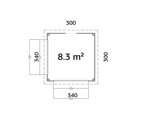Grundriss mit Maßangaben: 8,3 Quadratmeter, 300 und 340 Zentimeter