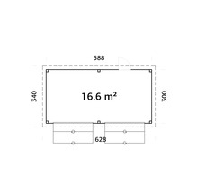 Grundriss eines Gartenhauses mit den Maßen 588 x 340 x 300 cm und einer Fläche von 16.6 m².