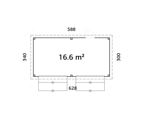 Grundriss eines Gartenhauses mit den Maßen 588 x 340 x 300 cm und einer Fläche von 16.6 m².
