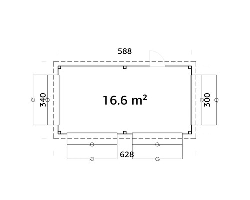 Grundriss eines Gartenhauses mit einer Fläche von 16,6 Quadratmetern