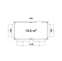Grundriss des Gartenhauses mit einer Fläche von 16,6 Quadratmetern