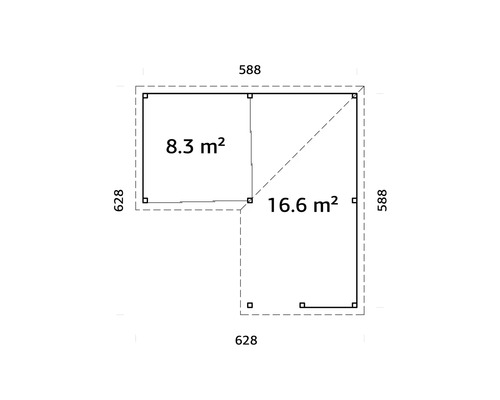 Grundriss eines Gartenhauses mit den Maßen 588 mal 588 und 628 mal 628 mit einer Fläche von 8,3 Quadratmetern und 16,6 Quadratmetern