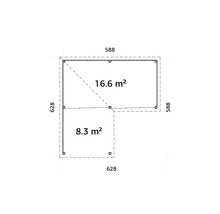 Grundriss mit Maßen 588, 628, 16,6 Quadratmeter und 8,3 Quadratmeter