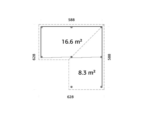Grundriss eines Gartenhauses mit den Maßen 588 x 628 Zentimeter und einer Fläche von 16,6 Quadratmetern sowie 588 x 628 Zentimeter und einer Fläche von 8,3 Quadratmetern