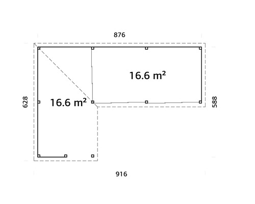 Grundriss eines Gartenhauses mit den Maßen 876 x 916 x 628 x 588 und einer Fläche von 16,6 Quadratmetern