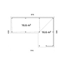Grundriss eines L-förmigen Gartenhauses mit Größenangaben