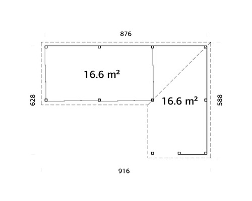 Grundriss eines L-förmigen Gartenhauses mit Größenangaben