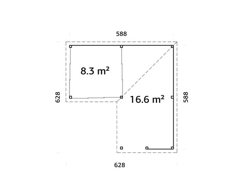 Grundriss einer Gartenlaube mit Flächenangaben und Maßen