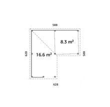 Grundriss eines Gartenhauses mit den Maßen 588 mal 588 und 628 mal 628 Zentimeter und einer Fläche von 8,3 und 16,6 Quadratmetern