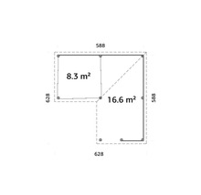 Grundrisszeichnung mit Flächenangaben 8.3 Quadratmeter und 16.6 Quadratmeter