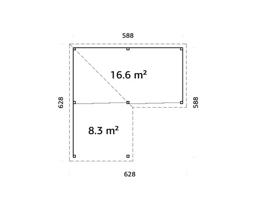 Grundriss mit Flächenangaben: 16,6 Quadratmeter und 8,3 Quadratmeter, Maße 588 und 628