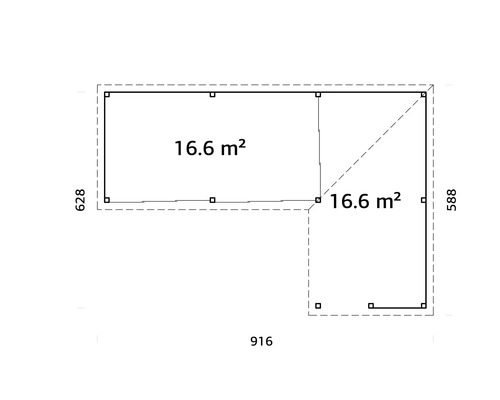 Grundriss eines Gartenhauses mit den Maßen 628 x 916 x 588 und einer Fläche von 16.6 m2