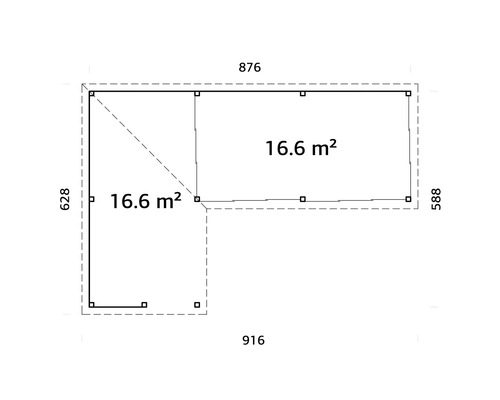 Grundrissansicht eines Gartenhauses mit den Maßen 876 x 588 x 916 x 628 cm und einer Fläche von 16,6 Quadratmetern