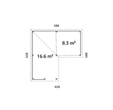Grundrisszeichnung des Gartenhauses mit Flächenangaben