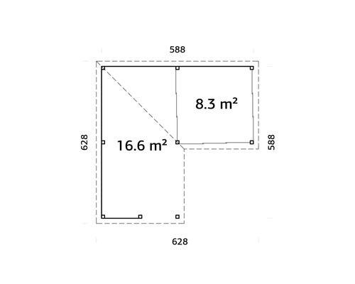 Grundriss eines Gartenhauses mit den Maßen 588 mal 588 und 628 mal 628, mit einer Fläche von 8,3 und 16,6 Quadratmetern
