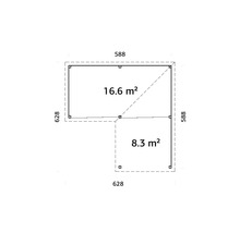 Grundriss eines Gartenhauses mit den Maßen 588 mal 628 Zentimeter und 16,6 Quadratmeter sowie 588 mal 628 Zentimeter und 8,3 Quadratmeter