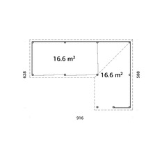 Grundriss eines Gartenhauses mit einer Fläche von 33,2 Quadratmetern und den Maßen 628 mal 916 mal 588 Zentimetern.