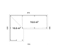 Grundrisszeichnung eines Gartenhauses mit den Maßen 876 x 588 und 916 x 628 mit einer Fläche von jeweils 16.6 Quadratmetern