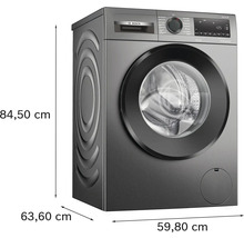 Bosch Waschmaschine mit den Maßen 84,50 cm Höhe, 63,60 cm Tiefe und 59,80 cm Breite.