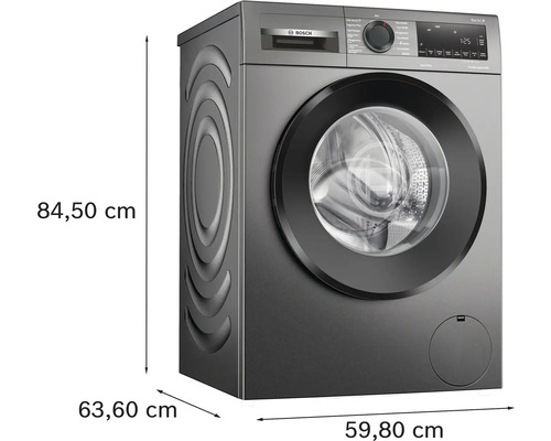 Bosch Waschmaschine mit den Maßen 84,50 cm Höhe, 63,60 cm Tiefe und 59,80 cm Breite.