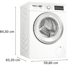 Bosch Waschmaschine mit den Maßen 84,50 cm Höhe, 63,20 cm Breite und 59,80 cm Tiefe.