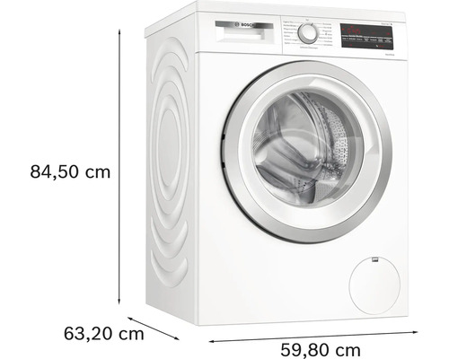 Bosch Waschmaschine mit den Maßen 84,50 cm Höhe, 63,20 cm Breite und 59,80 cm Tiefe.