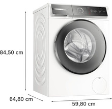 Waschmaschine mit den Massen 84,50 cm Höhe, 64,80 cm Tiefe und 59,80 cm Breite.