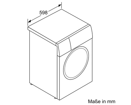 Technische Zeichnung einer Waschmaschine mit Maßangabe 598 mm.