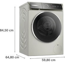 Bosch Waschmaschine mit den Maßen 84,50 cm Höhe, 64,80 cm Tiefe und 59,80 cm Breite.