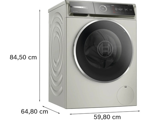 Bosch Waschmaschine mit den Maßen 84,50 cm Höhe, 64,80 cm Tiefe und 59,80 cm Breite.