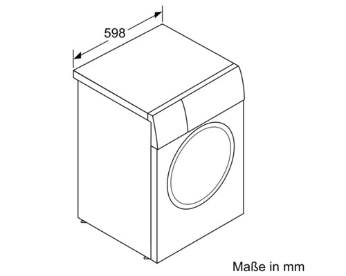 Abmessungsskizze einer Waschmaschine mit Angabe der Breite von 598 mm